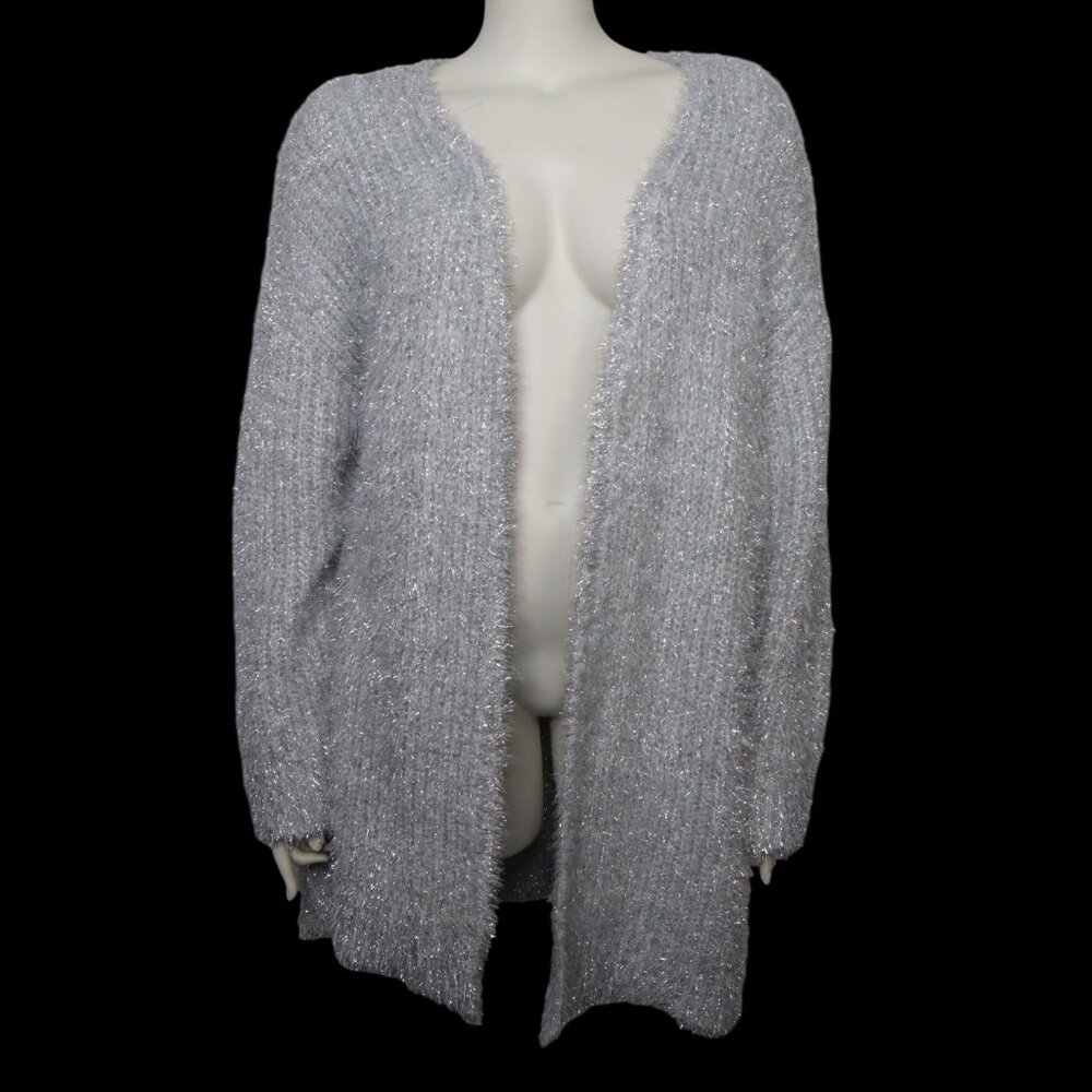 Lane Bryant Sweater Cardigan Silver 26/28 Open Front Long Cardigan Fuzzy